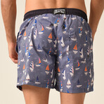 Sail Boat Print Swim Shorts // Blue + Orange + Pink (L)
