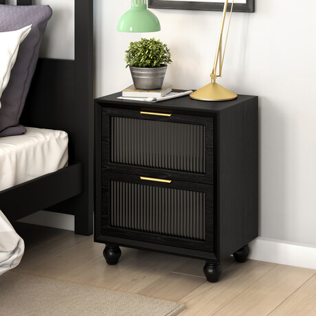 Two Drawer Glass Front Nightstand