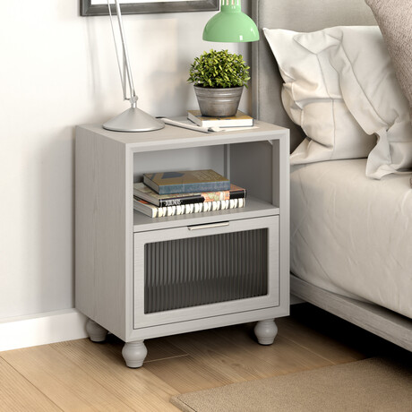 One Drawer Glass Front Nightstand // Gray