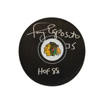 Tony Esposito // Signed Chicago Blackhawks Logo Hockey Puck w/HOF 88