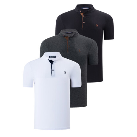 Alex Collarless Polo // Pack of 3 // Black + White + Anthracite (Small)