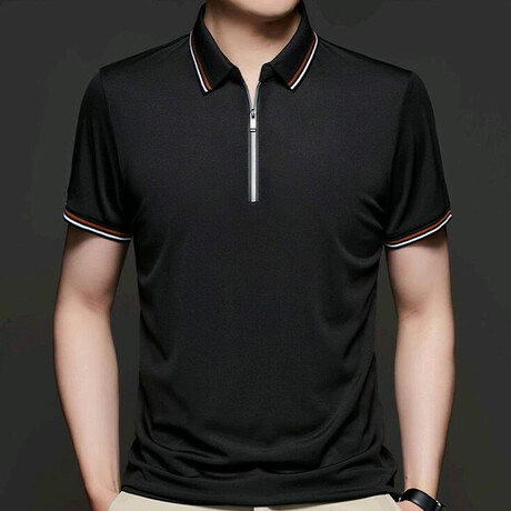 Nick Double Striped Collar Zip-Up Polo // Black (M)