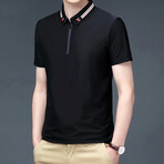 Patterned Collar Zip-Up Polo // Black (2XL)