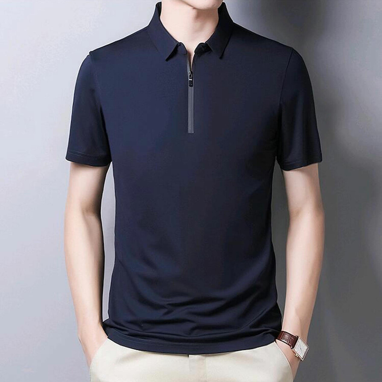 Lucas Short Sleeve Zip-Up Polo // Navy Blue (L) - Celino Short Sleeve ...