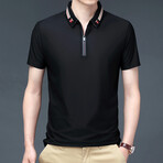 Patterned Collar Zip-Up Polo // Black (XL)