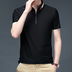 Patterned Collar Zip-Up Polo // Black (L)