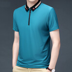 Patterned Collar Zip-Up Polo // Blue (3XL)