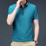Patterned Collar Zip-Up Polo // Blue (M)