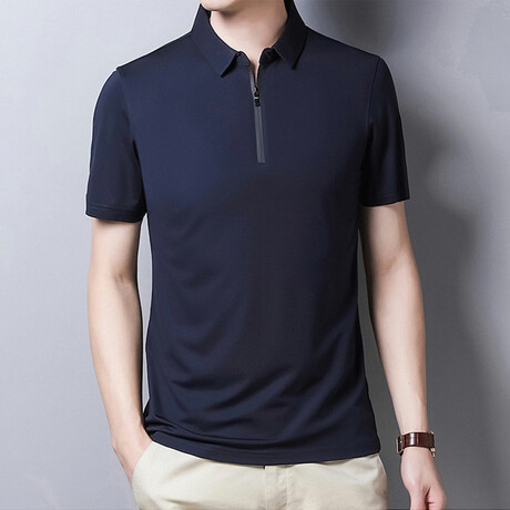 Lucas Short Sleeve Zip-Up Polo // Navy Blue (M)