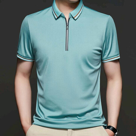 Nick Double Striped Collar Zip-Up Polo // Teal (M)