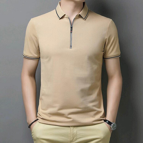 Chase Striped Collar Zip-Up Polo // Tan (M)