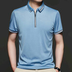 Double Striped Collar Zip-Up Polo // Light Blue (L)