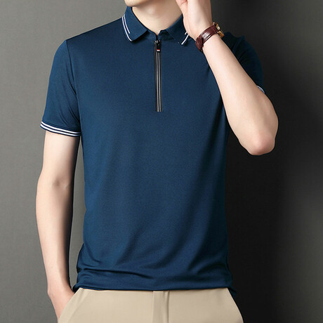 Gabe Double Striped Zip-Up Polo // Blue (M)