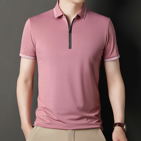Gabe Double Striped Zip-Up Polo // Pink (M)