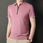 White Double Striped Zip-Up Polo // Pink (M)