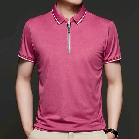Nick Double Striped Collar Zip-Up Polo // Pink (M)