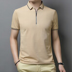 Chase Striped Collar Zip-Up Polo // Tan (M)