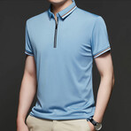 Double Striped Collar Zip-Up Polo // Light Blue (M)