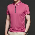 Double Striped Collar Zip-Up Polo // Pink (L)