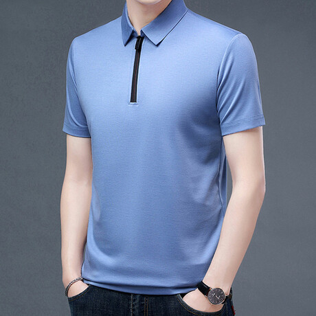 Damian Short Sleeve Zip-Up Polo // Light Blue (M)