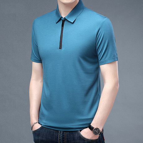 Damian Short Sleeve Zip-Up Polo // Blue (M)