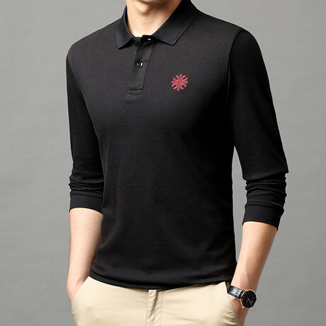 Minimalist Logo Long Sleeve Golf Polo // Black + Red (M)