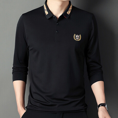 Check Collar Long Sleeve Golf Polo // Black (M)
