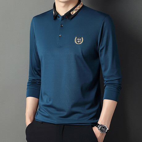 Check Collar Long Sleeve Golf Polo // Blue (M)