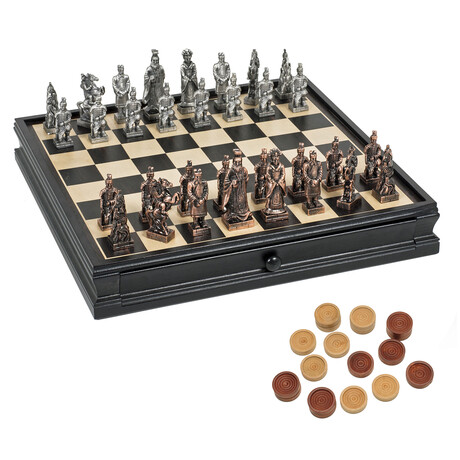 Pewter Chinese Qin Chess + Checkers Set // 15" Board