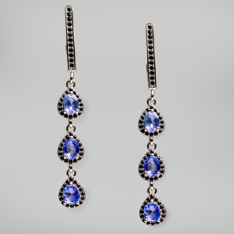 Genuine Teardrop Tanzanite And Sapphire Earrings In Sterling Silver