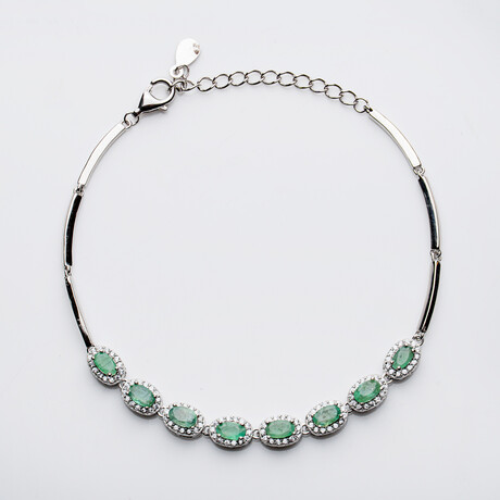 Genuine Oval Emerald With Round White Sapphire Bracelet Set In Sterling Silver