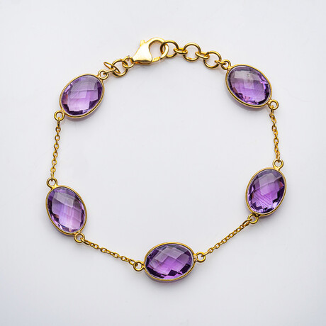 Genuine Faceted Amethyst Gemstone Bracelet, Set In Sterling Silver // 14K Gold Wash
