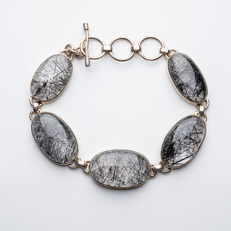 Genuine Black Tourmaline Cabochon Quartz Gemstone Bracelet