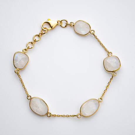 Genuine Blue Moonstone Cabochon Stone Bracelet Set In Sterling Silver // 14K Gold Wash