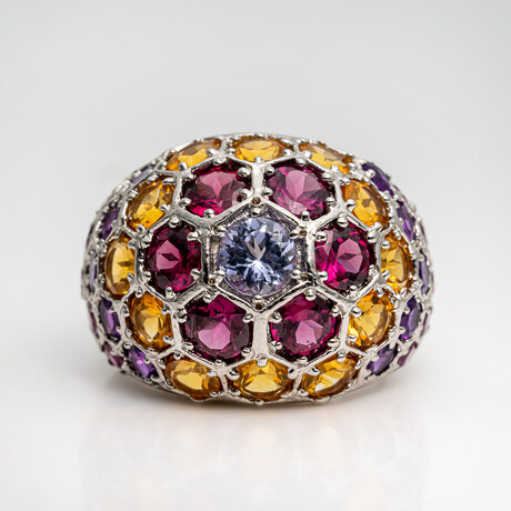 Genuine Garnet, Tanzanite, Citrine And Amethyst Ring