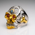 Genuine Red Garnet, Tourmaline, White Sapphire Skull Ring In Sterling Silver // 14K Gold Wash