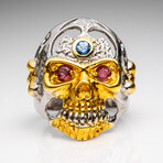 Genuine Red Garnet, Tourmaline, White Sapphire Skull Ring In Sterling Silver // 14K Gold Wash