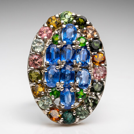Genuine Multicolor Tourmaline And Kyanite Gemstone Ring