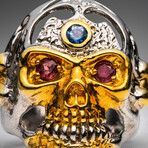 Genuine Red Garnet, Tourmaline, White Sapphire Skull Ring In Sterling Silver // 14K Gold Wash