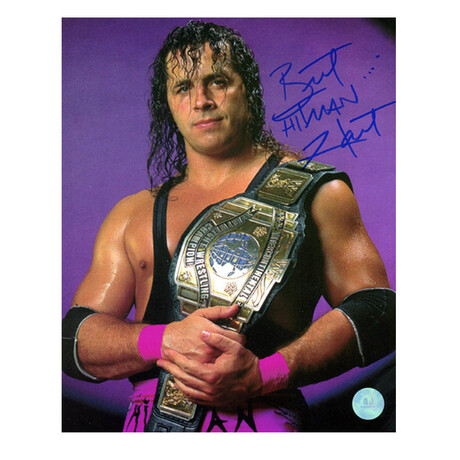 Bret The Hitman Hart // Autographed Wrestling Championship Belt 8x10 Photo