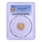 1854 $1 Gold Indian Princess Type 2 // PCGS Certified AU53 // Deluxe Collector's Pouch