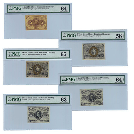 5-Cent United States Fractional Currency Collection // Set of 5 // PMG Certified