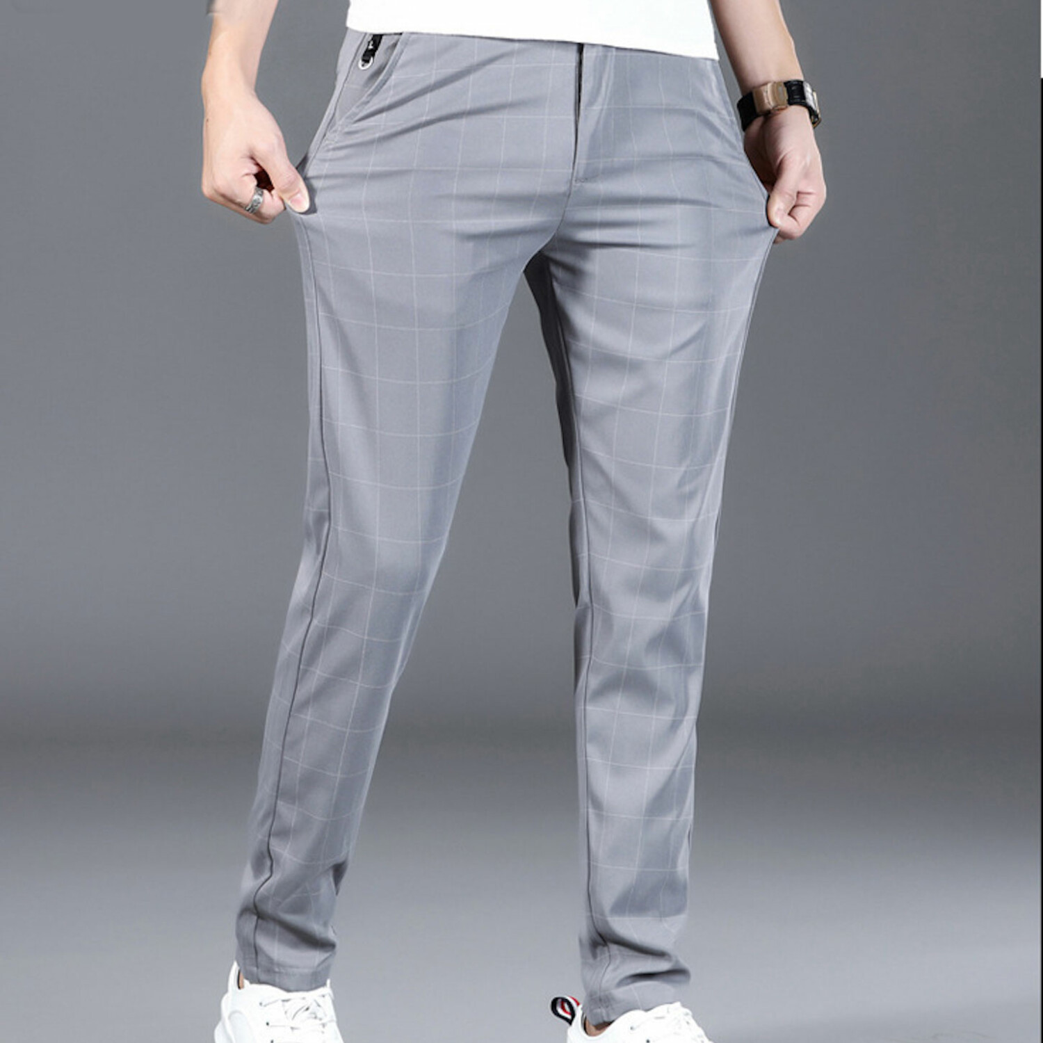Wide Grid Print Slim Fit Pants // Light Gray (28) - Amedeo Exclusive Slim Fit Pants - Touch of ...