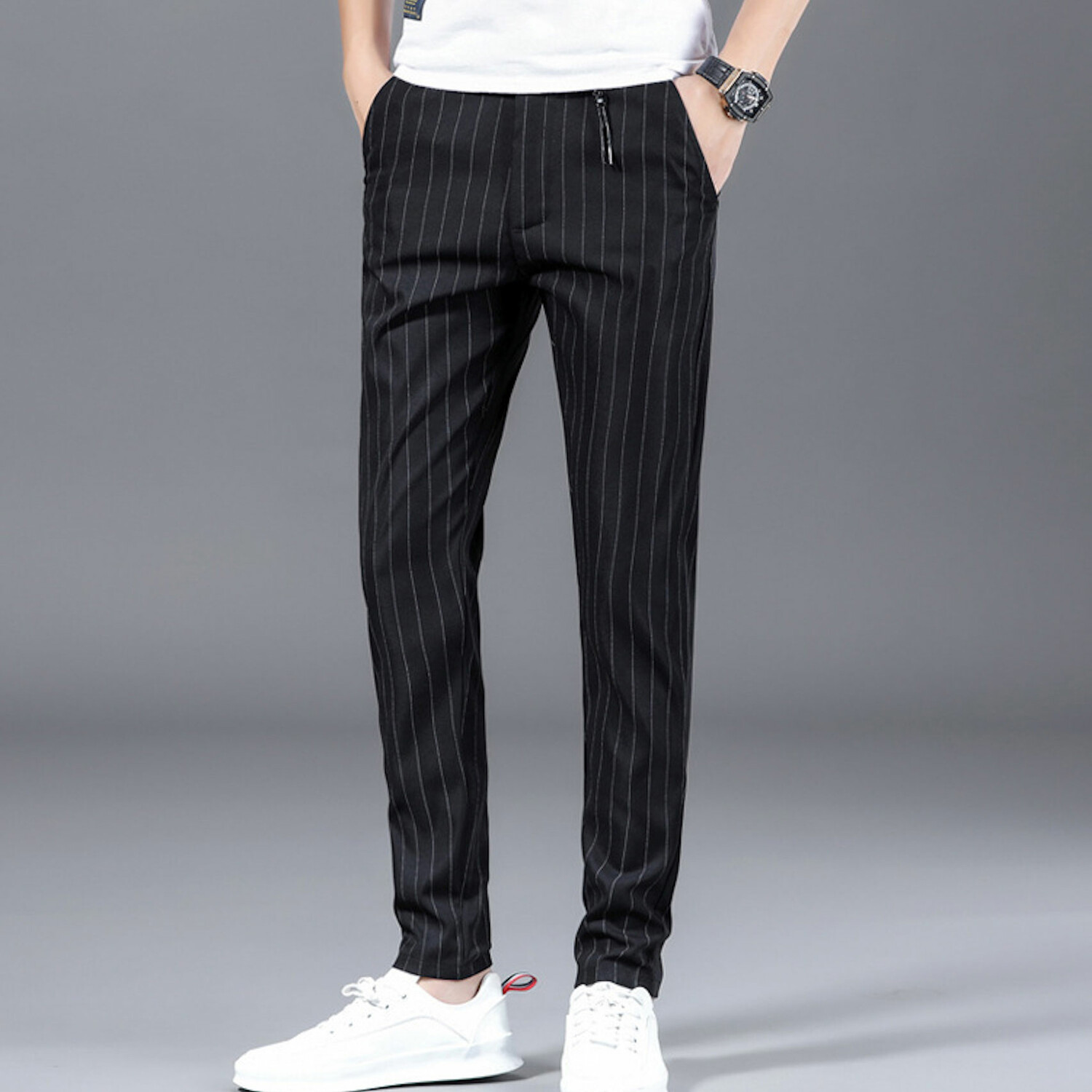 Striped Slim Fit Pants // Black (34) - Amedeo Exclusive Slim Fit Pants ...