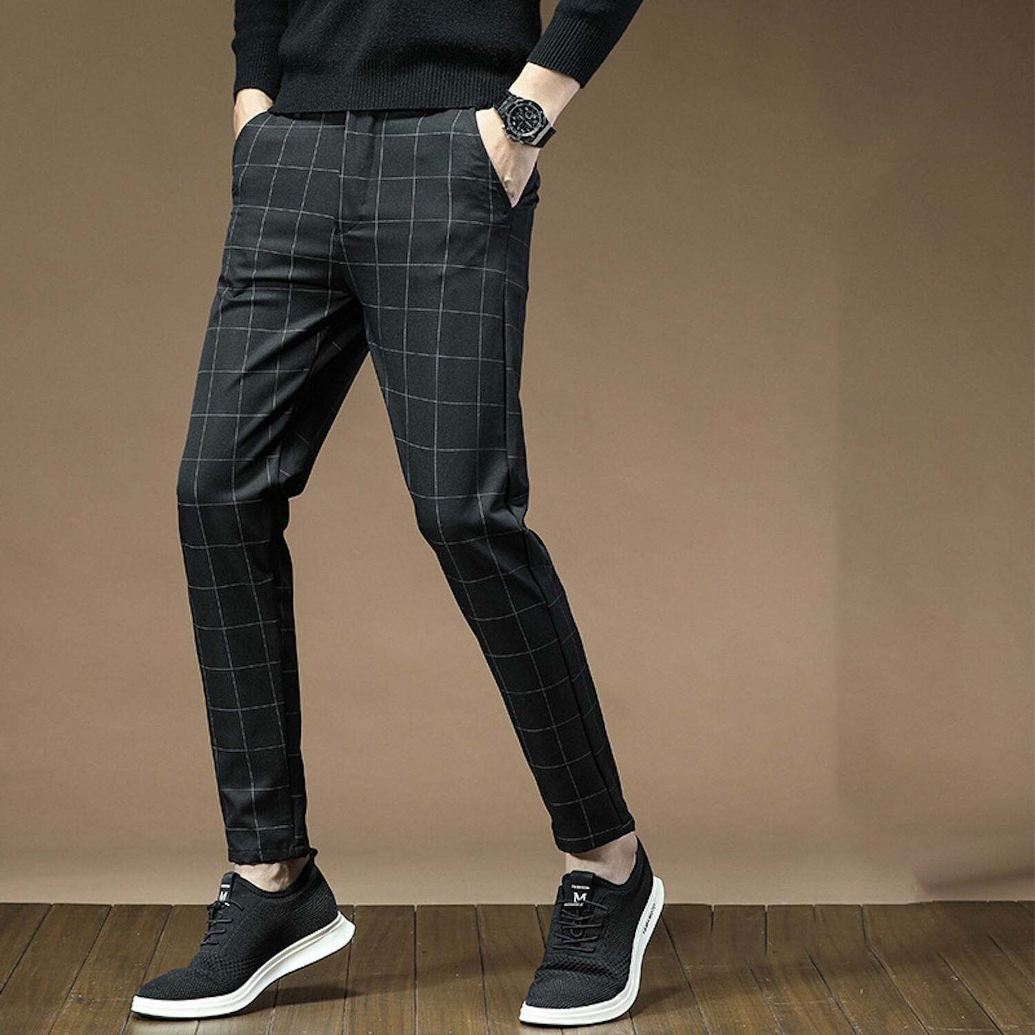 Wide Grid Print Slim Fit Pants // Black (30) - Amedeo Exclusive Slim ...