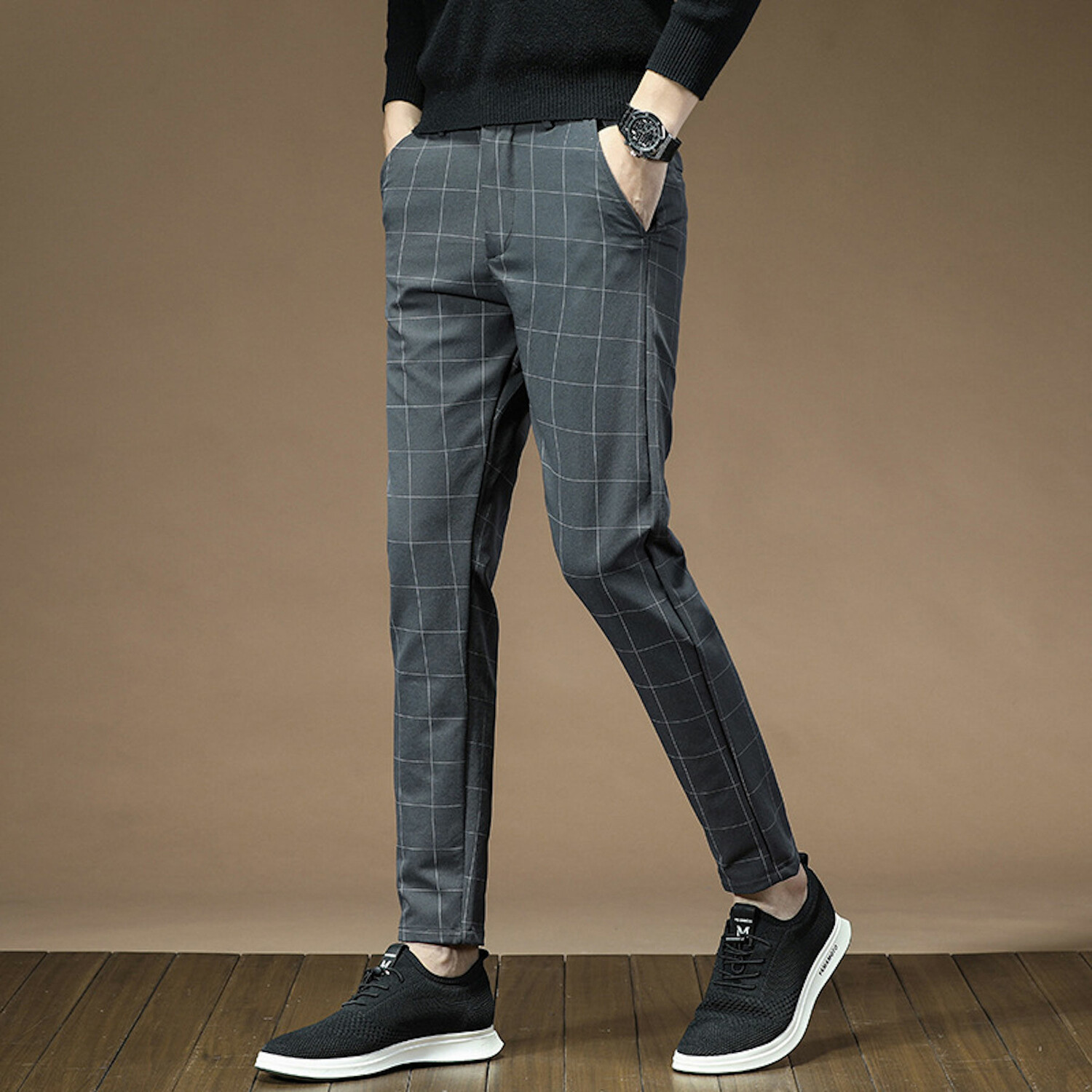 Wide Grid Print Slim Fit Pants // Gray (31) - Amedeo Exclusive Slim Fit ...