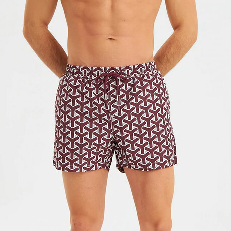 Abstract Geometric Pattern Men's Swimsuit // Claret Red, White (S)