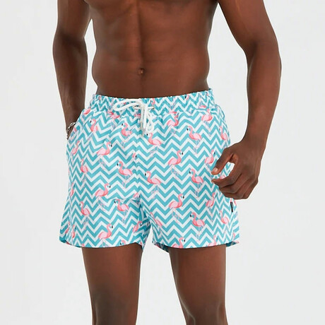 Flamingo + Chevron Men's Swimsuit // Pink, Blue, White (S)