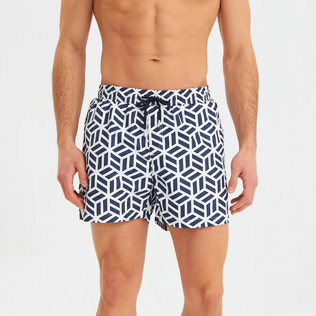 Abstract Geometric Pattern Men's Swimsuit // Blue, White (S)