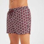 Abstract Geometric Pattern Men's Swimsuit // Claret Red, White (L)